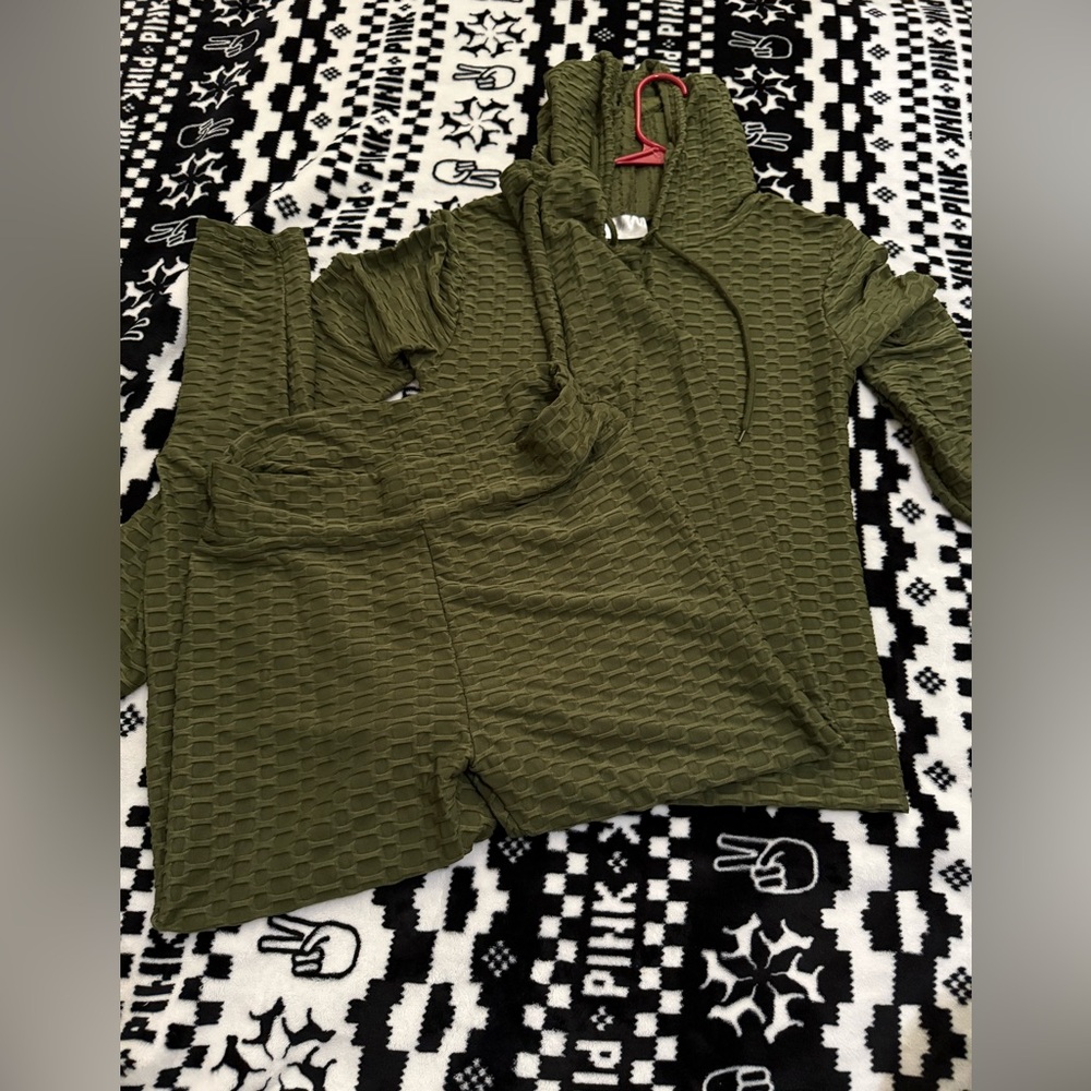 Olive Green Textured Hoodie and Pants Set